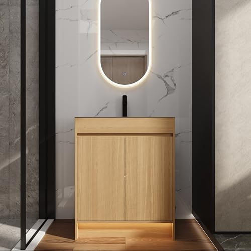 Pluriton 28 Freestanding Bathroom Vanity, Ample Storage Pedestal Bathroom Sink Cabinet, Stainless Steel Sink Vanity for Bathrooms, Laundry Utility Cabinet with Flexible Drain Pipe, Modern, Oak