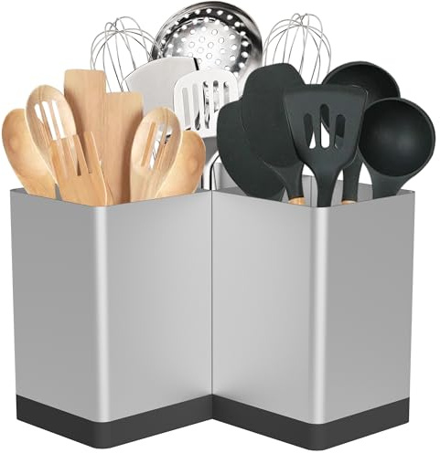 Suli Porte-ustensiles de cuisine extra large avec 3,métal,Argenté | Wandmontiert Oder Tischaufbewahrung,Adapté à La Surface De Travail De Cuisine,Style Campagnard Et Modeste