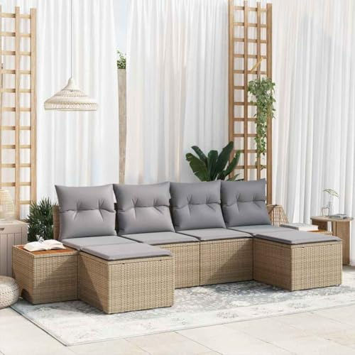 Kaloriko Trädgårdssockset med kudde, 6 delar, beige, polyrotting, modulär loungesoffa för terrass, balkong, utomhusmöbler