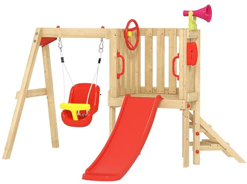 Outsunny Columpio y Tobogán Infantil, 5 en 1, Parque Infantil Exterior de Madera con Columpio, Tobogán, Volante, Bocina, Teléfono, para Niños de 18-48 Meses, para Patio, Césped, Rojo
