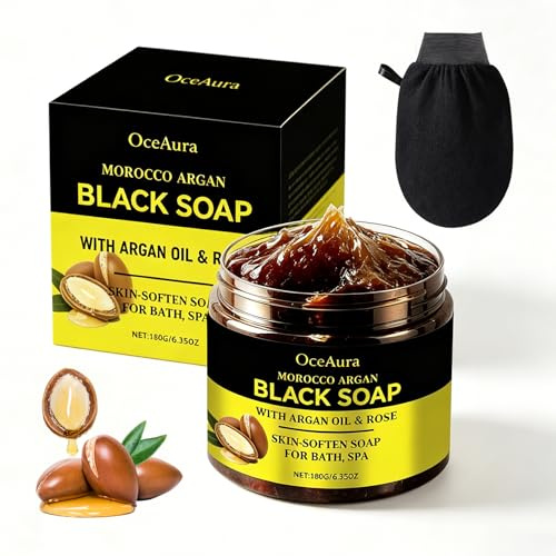 Savon noir exfoliant marocain 180 g, savon noir marocain à l'argan et à la rose, gommage corporel marocain, savon noir marocain bio avec gant exfoliant pour peau douce | Savon noir Morocco à l'huile d'argan et à l'huile de rose, exfoliant et hydratant, pour une peau fraîche et souple