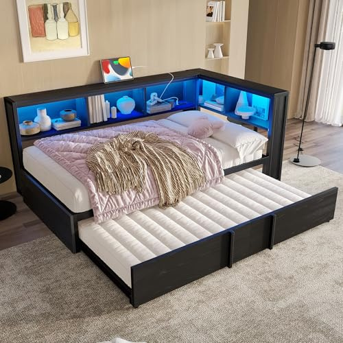 Moimhear Cama de día de metal con cama nido, armarios de almacenamiento, iluminación LED y puertos USB, 90 x 200 cm (negro)