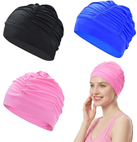 3 Pezzi Cuffia da Nuoto Donna in Poliestere Traspirante, Design Elastico con Effetto Morbido, Taglia Extra Large per Capelli Lunghi, per Piscina e Vacanze, Colori Nero+Blu+Rosa