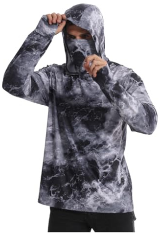 Hombres Camo Verano Hielo Seda Sol Protector Pesca Camisas UPF 50 + protección UV Manga Larga con Capucha Transpirable rápido seco Cara Cubierta para Pesca Senderismo al Aire Libre (L/Camuflaje-1