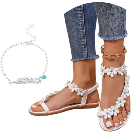 LDXEQIZ Sandales Orthopédiques Séparateurs D'orteils Sandales Élégantes for Femmes À Fleurs Tongs Boho Confortables avec Semelle Intérieure Douce Chaussures D'été Décontractées Plates(White,41 EU)