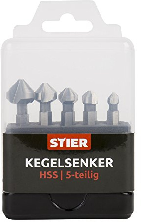 STIER Kegelsenker-Set, 5 teilig, Sechskantantrieb 1/4 Zoll, Schneidstoff: HSS, Senkbohrer, in den Größen 6,3-16,5 mm, Form C 6,3, mit 3-Schneiden