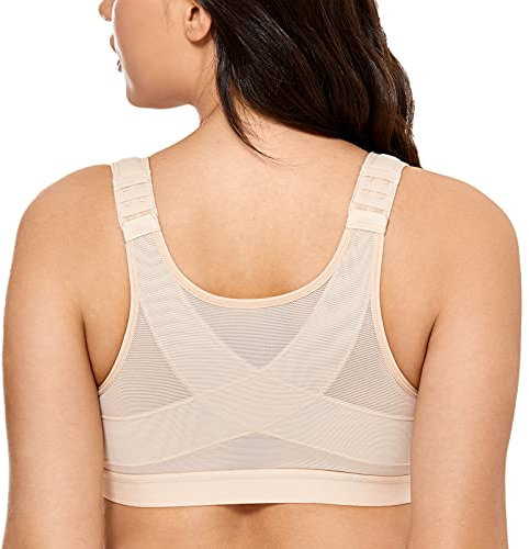 DELIMIRA Women's Front Fastening Bras Non Wired Posture Correcting Back Support Post Surgery Bra Plus Size Comfort Taupe Tan 42D