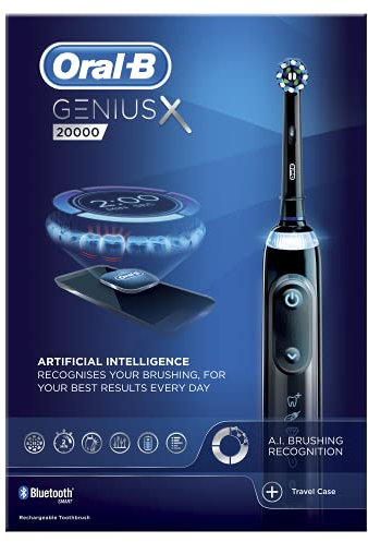Oral-B Genius X with Artificial Intelligence Black Electric Toothbrush, 1 Sensi Ultrathin Toothbrush Head, 6 Cleaning Modes, Gum Pressure Sensor, Smart USB Travel Case, 2 UK Pin Plug