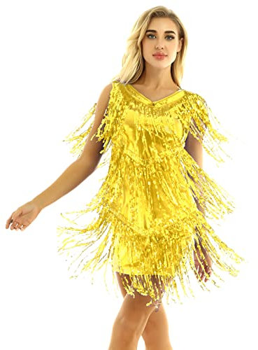 inlzdz Womens V Neck Glitter Sequins Tassel Ballroom Latin Salsa Tango Dance Dress Dance Costumes Gold Large