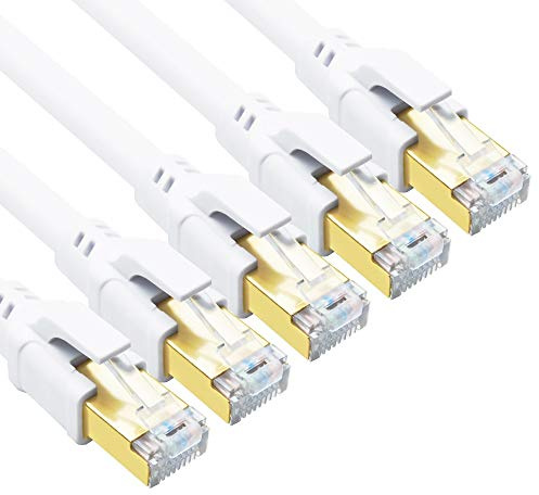 Yauhody CAT 8 Ethernet Cable 1m 5Pack, High Speed 40Gbps 2000MHz SFTP Internet Network LAN Wire Cables with Gold Plated RJ45 Connector for Router, Modem, PC, Switches, Hub, Laptop (1m, White-5PACK)