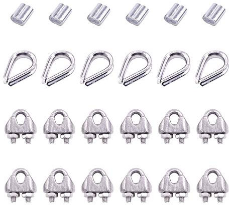 Glarks 24Pcs M2 Wire Rope Cable Clip Clamp with Cable Thimbles Combo and Aluminum Crimping Loop Sleeve Set for Wire Rope Cable Thimbles Rigging (5/64'' Wire Rope Clips Set)