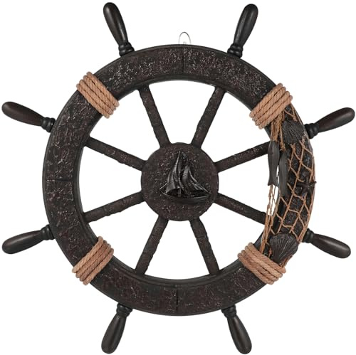Garneck Holz Steuerrad Türschild Mittelmeer Deko Schiffssteuerrad 23cm Mediterrane Nautische Dekoration für Fotowand Fischnetz Schlafzimmer Wohnzimmer Wanddeko