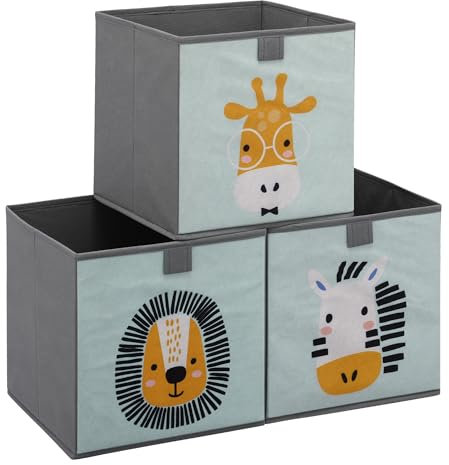 Navaris Kinder Aufbewahrungsbox 3er Set - Regal Aufbewahrung 28 x 28 x 28 cm Spielzeugkiste - 3x Spielzeug Box faltbar für Kinderzimmer - Tier Motiv Kisten mit Griff - Toy Box Set