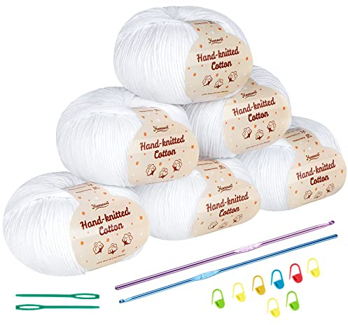 Homewit Cotton Yarn for Crochet Set, 6 x 50g Pack White Cotton Crochet Yarn with Accessories, Soft Professional Knitting Yarn for Baby Clothes, Hats, Towels, Gloves, Yarn Projects Handcrafts
