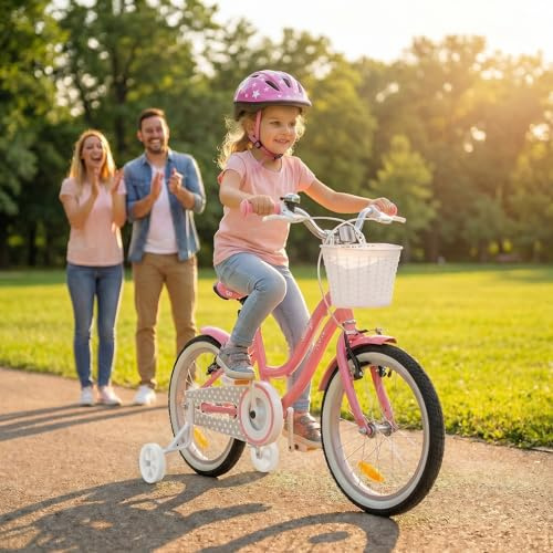 Actionbikes Motors Kinderfahrrad Starlight 16 Zoll - V-Brake Bremsen - geschlossener Kettenschutz - Schutzbleche - Korb - Stützräder - Kinderrad - Rosa (Starlight 16 Zoll)