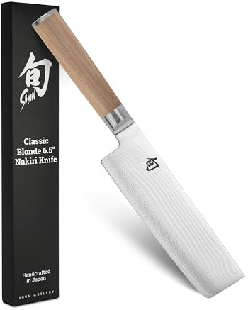 Shun Classic Blonde 6.5 Nakiri Knife, Handcrafted Japanese Vegetable Knife, VG-MAX Core with Damascus Stainless Steel Cladding, Pakkawood Handle, Slicing Tool for Professional and Home Chefs