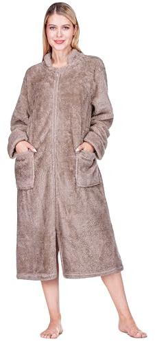 PAVILIA Bata de baño con cremallera para mujer, forro polar sherpa, abrigo largo con cremallera y bolsillo, Topo, L-XL