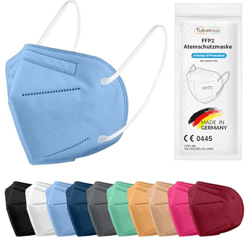 TubeRoo FFP2 Maske Bunt farbig 1/5/10/20/50/100 Stück Masken aus Deutschland, Made in Germany, weiche runde Ohrschlaufen Bänder, Atemschutzmaske, Mundschutz, Schutzmaske, Staubmaske, Feinstaubmaske