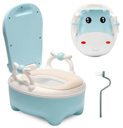 Jiubiaz Kinder Töpfchen, Baby Toilette Toilettensitz,Typ der Schublade Baby Potty, Toilettentrainer mit Griffe, Bürste, weiches PU-Kissen, Babytopf Anti-Spritzschutz, Cartoon Deckel（Blau）