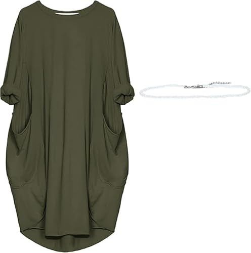 aromm Mujer Camiseto Vestido Redondo Suelta Sencillo Casual Talla Extra Mediodía Ejército Verde,XL