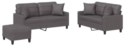 vidaXL Sofagarnitur 3-TLG., Sessel Couch mit Kissen Fußhocker, Sofa Wohnzimmersofa mit Armlehnen, Couchgarnitur Designsofa Sitzmöbel Polstermöbel, Grau Kunstleder