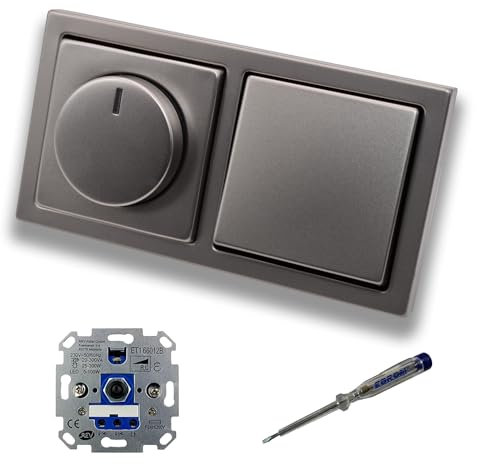 REV Ritter LED Drehdimmer Dimmer + Busch Jäger Dimmerscheibe 6540-866-102 und Lichttaster 2020 US in PUR Edelstahl inklusive EBROM Phasenprüfer zur Montage der Geräte ET1 66012B
