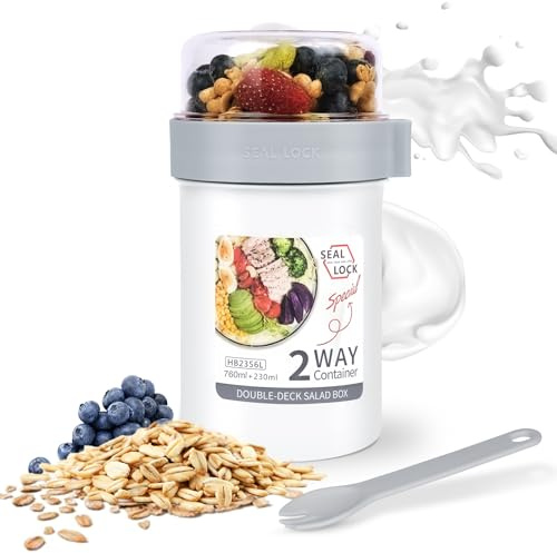 HOTUT Müslibecher to Go,Jogurtbecher mit Löffel 760 ml + 230 ml,BPA-frei und Auslaufsicherer Hafergläser, Müsli Cup to Go Becher für Arbeit, Schule,Picknick Reisen-Weiß