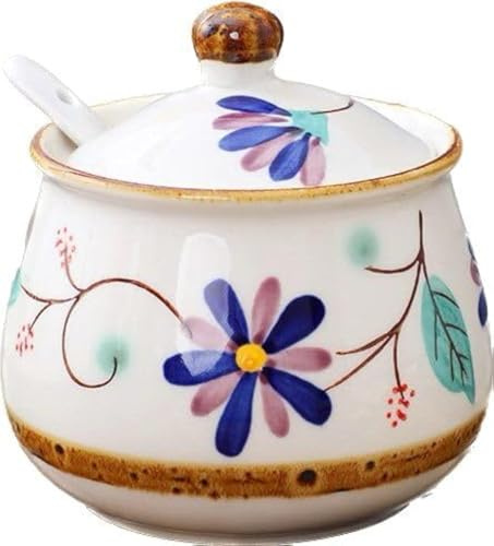 KKGUD Joli sucrier peint à la main, pot d'assaisonnement, pot à condiments en céramique pour décoration de restaurant, cuisine, motif floral bleu, 320 ml