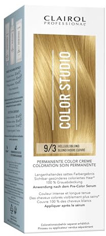 Clairol Professional Color Studio Permanente Haarfarbe Hellgoldblond 9/3 (110 ml) – mit Metal-Purifier für 6 x weniger Haarbruch, 10 Wochen sattes Farbergebnis & 100 % Grauabdeckung – inkl. Haarkur