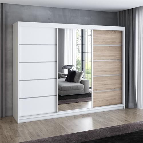 A&J MöbelLand Schwebetürenschrank VILUNO 1 Kleiderschrank 3-türig 200 cm mit Spiegel, 4 Schubladen & 2 Kleiderstangen, Geräumiger Schlafzimmerschrank (weiß/Sonoma)