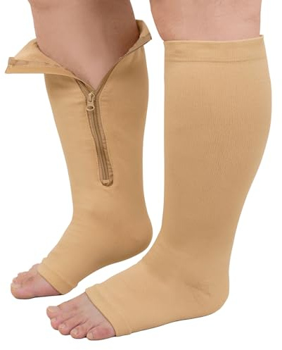 PUTUO Plus Size Compression Socks: Wide Calf Zip Flight Sock Women Men Extra Large Graduated Open Toe Support Stockings for Travel Beige XXL 1Pairs