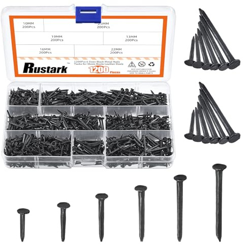 Rustark Assortiment de 1200 clous en métal noir de 6 tailles 10 mm, 13 mm, 16 mm, 19 mm, 22 mm, 25 mm de long, clous de chaussures, clous pour chaussures, bottes, talons, semelles de rechange
