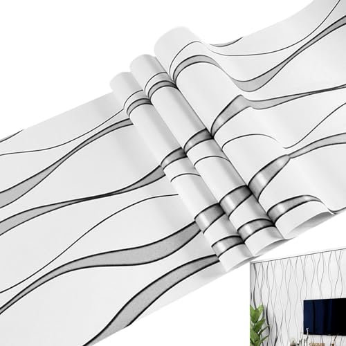 Elegante papel tapiz, rayas de papel tapiz para despegar y pegar | Papel de contacto texturizado de rayas onduladas - Papel pintado de pared en relieve con estampado corrugado curvado extraíble,