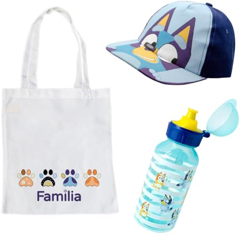 ms móvil shop Pack Infantil set de Bluey con Bolsa de Tela Familia - Gorra Bluey Unisex Talla Única – Botella Plástico Reutilizable 370 ml