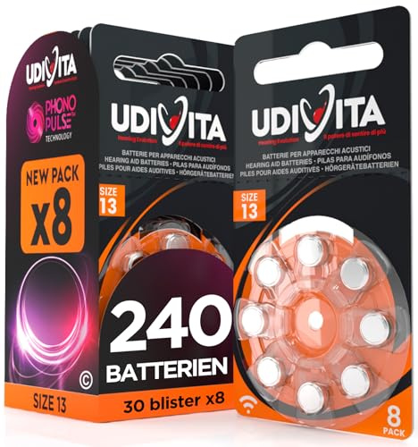 240 Hearing Aid Batteries Size 13 Udivita (Orange) PR48 Zinc-Air with Phono Pulse Technology - 30 Blisters of 8 Batteries