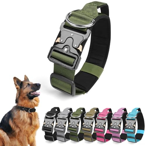 Ledeak Taktisches Hundehalsband mit Griff, Verstellbares Anti Zieh Breites Hunde Halsband Gepolstert, Dog Collar mit Metallschnalle erziehungshalsband für Hunde (Armeegrün, M)