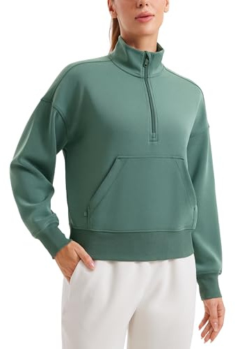 CRZ YOGA SoftAura Half Zip Sweatshirts | Peach-Fuzz Texture, Casual, Relaxed Fit, Pullover, Kangaroo Pockets, Funnel Neck, Sweat Shirts for Women
