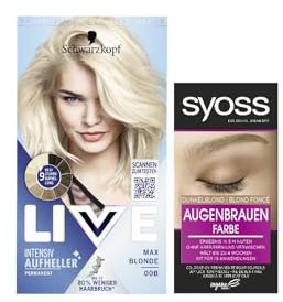 Schwarzkopf Live Aufheller Max Blonde 00B (142 ml), Blondierung ohne Gelbstich, Haare Aufhellen & Syoss Augenbrauen Kit Augenbrauenfarbe 6-1 Dunkelblond Stufe 3 (17 ml)
