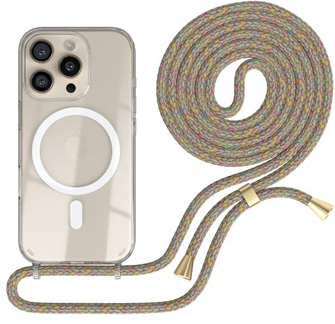 EAZY CASE - Handykette kompatibel mit iPhone 16 Pro Kette zum Umhängen Stoßfest Handyhülle für Apple iPhone 16 Pro Silikon Hülle mit Band Handytasche Transparent als Fallschutz in Rainbow