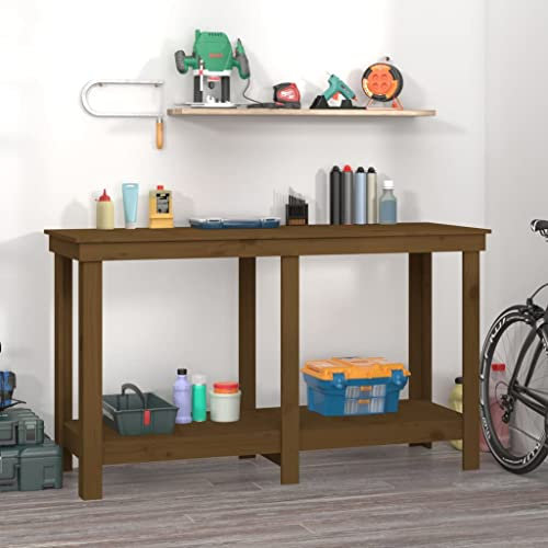 Werkbank aus Holz mit Ablage, Werktisch Arbeitsbank Arbeitstisch Steckmontage Packtisch Werkzeugbank für Werkstatt und Garage, Honigbraun 140x50x80 cm Massivholz Kiefer