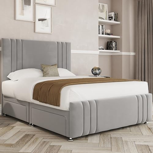 THE BED VILLAGE YORKSHIRE Ripon Double Bed and Mattress Included, Headboard & 0 Drawers & Footboard (4ft6) | Silver Grey Plush Fabric | Premium British Timber | Sustainable Handcrafted Design