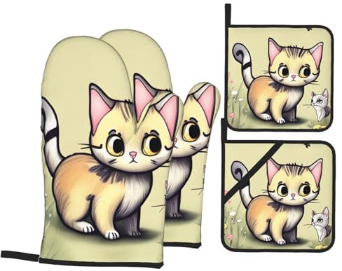 Set di 4 guanti da forno e presine con gatto e farfalla, per la massima sicurezza e praticità in cucina