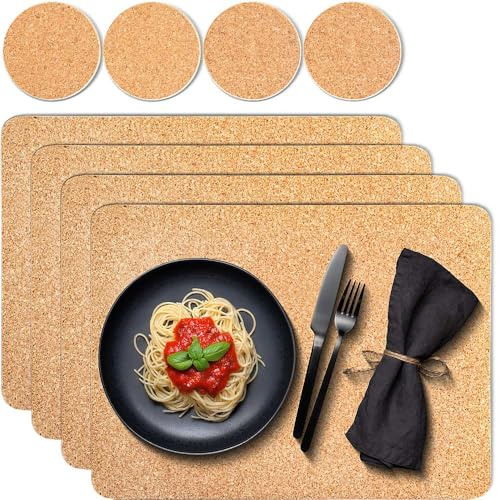 Tuuters Kork Platzset 4 Stück Klassik 6X Glasuntersetzer Tischset 40x30cm | Vier Platzdeckchen plus sechs Korkuntersetzer für Gläser, Tassen, Teller, Esstisch, Küche, Bar, je 40 mal 30 Zentimeter