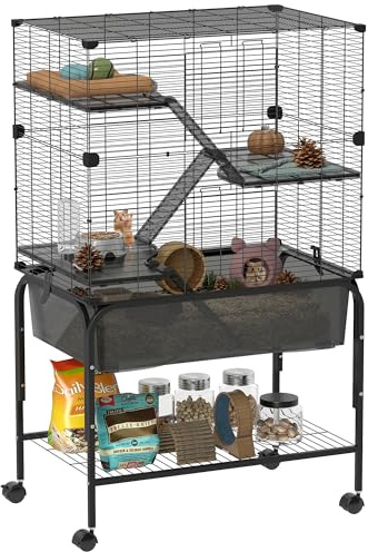 PawHut Gabbia per animali piccoli a 4 livelli con ruote gabbia per roditori con vassoio profondo rampe piattaforme mangiatoia e abbeveratoio contenitore per cincillà furetti criceto 73 x 47 x 123 cm