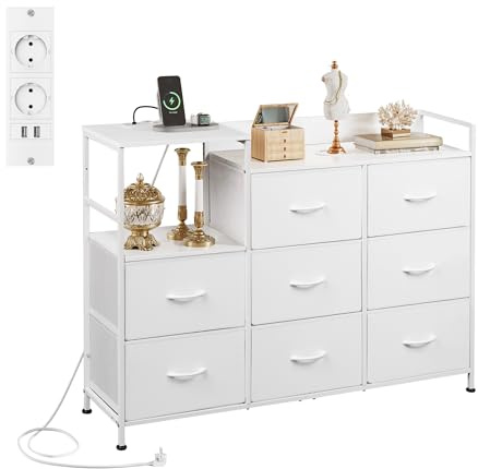 WLIVE 8 Kommode mit Schubladen, Stoffschubladen mit Auszügen, Weiß | Kommoden & Sideboards mit LED und Ladestation
