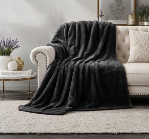ZZZMRH Luxury Throw Blanket - Cosy Warm Throws for Sofas, Light Weight Rib Design Fluffy Fleece Blanket - Soft Throws For Sofa Large Bed Couch, Bedding - King Size 200x240cm - Black throw