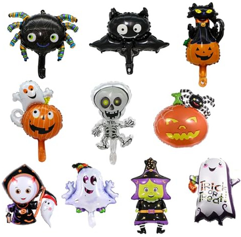 LQIOACU 10 Stück Halloween Folienballon Set, Mini Luftballon Geist Spinne Kürbis Katze Hexe Monster Totenkopf Halloween Deko Ballon für Kinder Gruselig Trick or Treat Party Dekoration