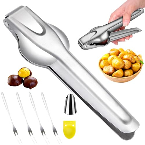 BORISCA Abridor de Castañas Acero Inoxidable Herramientas para la Cocina Cortador de Castañas en Cruz Chestnut Cutter Opener para Nuez con Protector de Dedos y Tenedor Pinza Castaña Juego