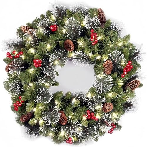 Christmas Wreath Garland for Front Door, with Realistic Snow,Pine Cone,Berries,LED Warm Lights String,Winter Christmas Holiday Decor,Party Decoration