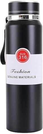 Botella de acero inoxidable 316 de gran capacidad, 33.8 onzas líquidas, aislada al vacío, asa, diseño de doble capa a prueba de fugas, termo de viaje portátil negro, para deportes